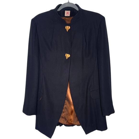 Indies Paris Womans 8 Carved ELEPHANT Button Peplum Blazer Mandarin Collar Black - Picture 1 of 12